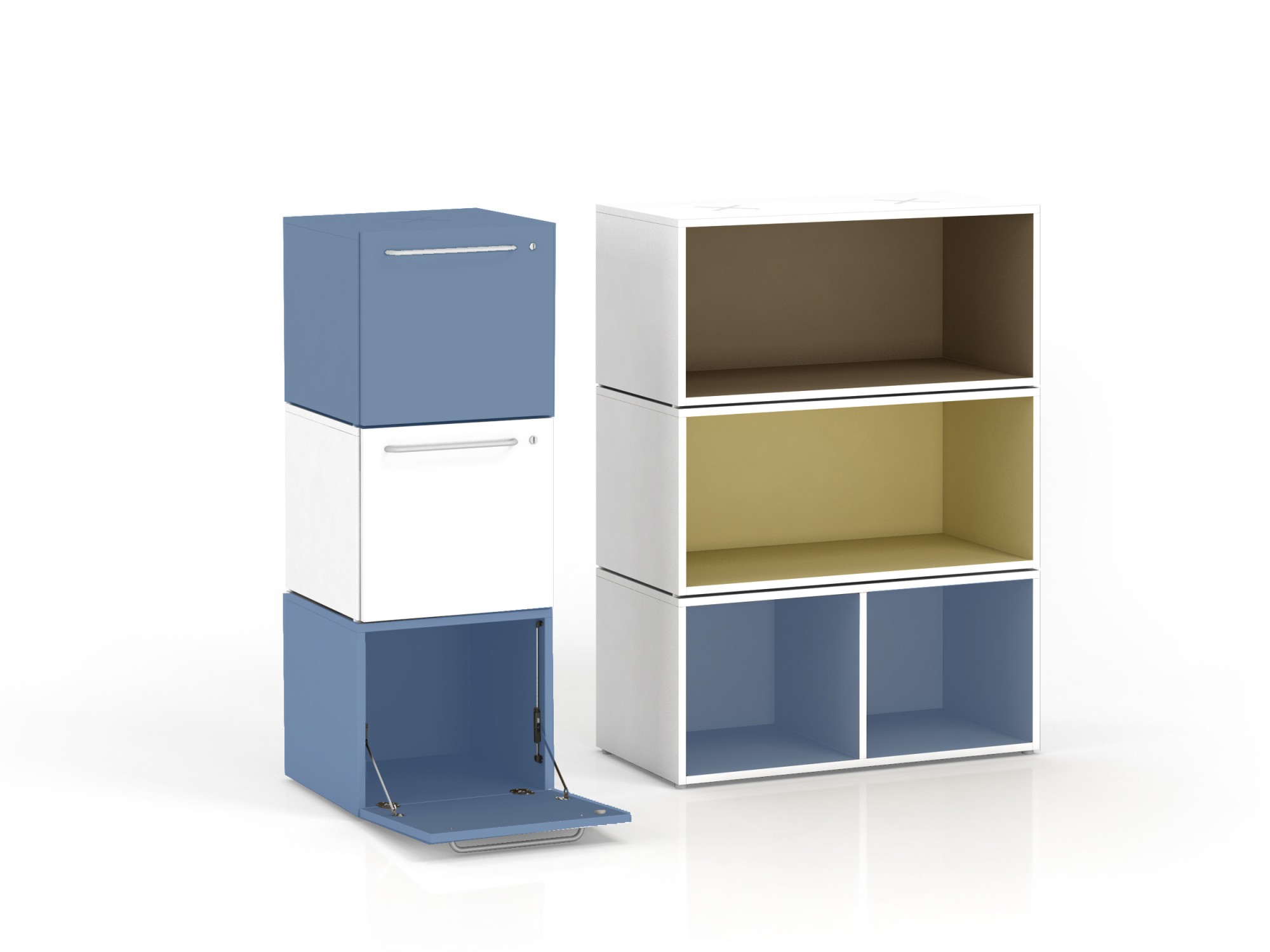 Szafka biurowa Oxo niebieska moduł dolny z drzwiami opuszczanymi firmy Majencia - Nowy Styl