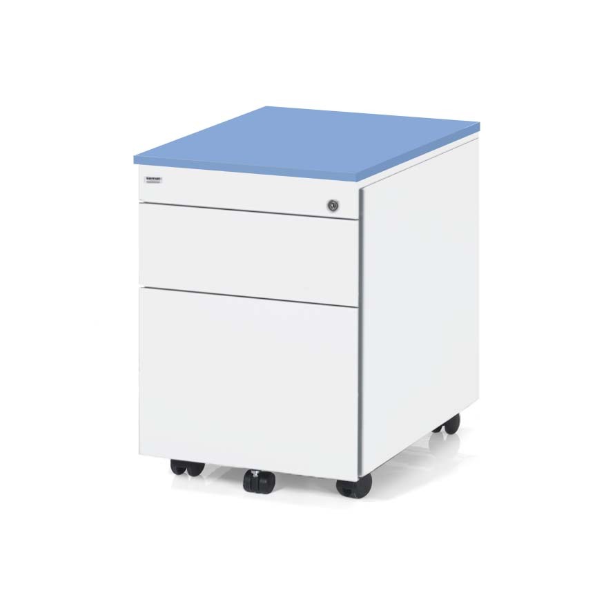 Główna galeria - Kontenerek biurowy metalowy Klea mobilny 36 biały matowy z niebieskim blatem (3)