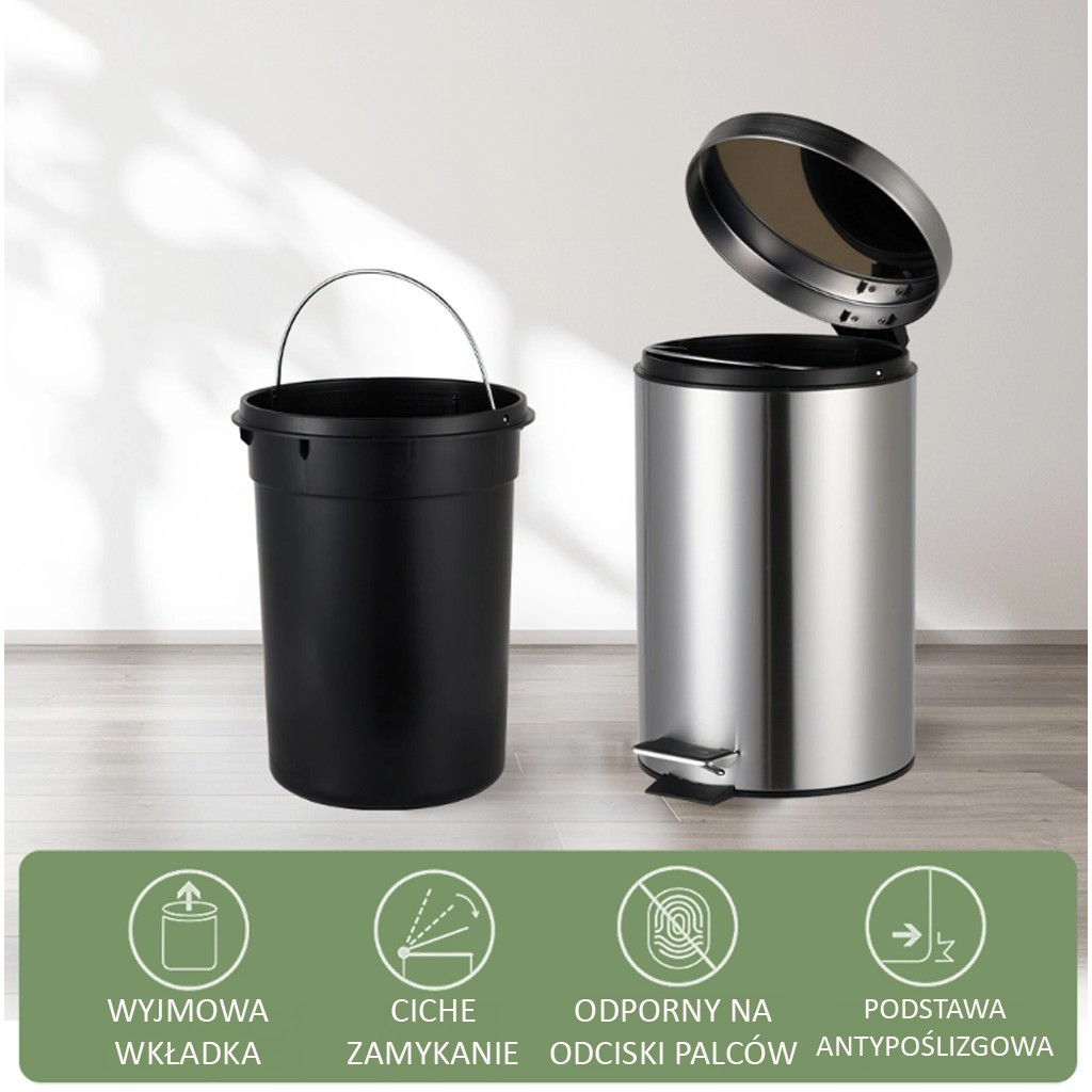Główna galeria - Kosz na śmieci z cichym domykiem PureStyle 12L okrągły z pedałem STAL SZCZOTKOWANA (6)